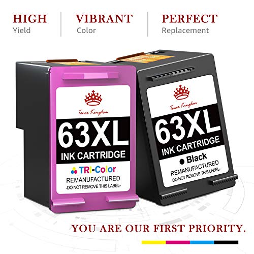 Toner Kingdom High Yield Remanufactured Ink Cartridge Replacement for HP 63 63XL 63 XL Combo Pack to use with HP Envy 4520 4512 4516 Officejet 4650 3830 5255 Deskjet 1112 Printer (1 Black 1 Color)