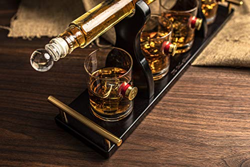 Shotgun Gun Large Whiskey & Wine Decanter Set Bullet Glasses - Limited Edition Elegant Rifle Gun Whiskey Decanter 22.5" With 4 Shotgun Bullet Whiskey Glasses and Mohogany Wooden Base The Wine Savant