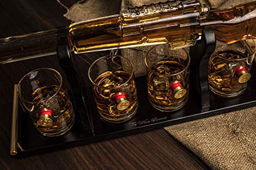 Shotgun Gun Large Whiskey & Wine Decanter Set Bullet Glasses - Limited Edition Elegant Rifle Gun Whiskey Decanter 22.5" With 4 Shotgun Bullet Whiskey Glasses and Mohogany Wooden Base The Wine Savant