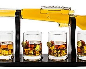 Shotgun Gun Large Whiskey & Wine Decanter Set Bullet Glasses - Limited Edition Elegant Rifle Gun Whiskey Decanter 22.5" With 4 Shotgun Bullet Whiskey Glasses and Mohogany Wooden Base The Wine Savant