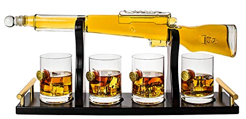 Shotgun Gun Large Whiskey & Wine Decanter Set Bullet Glasses - Limited Edition Elegant Rifle Gun Whiskey Decanter 22.5" With 4 Shotgun Bullet Whiskey Glasses and Mohogany Wooden Base The Wine Savant