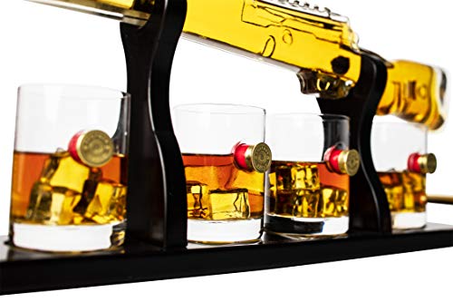 Shotgun Gun Large Whiskey & Wine Decanter Set Bullet Glasses - Limited Edition Elegant Rifle Gun Whiskey Decanter 22.5" With 4 Shotgun Bullet Whiskey Glasses and Mohogany Wooden Base The Wine Savant