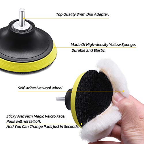 Wool Cutting Pad, Wool Buffing Polishing Pad Set, SPTA 7Pcs 3Inch (80mm) Wool Buffing Wheel for Drill Lambs Wool Hook and Loop for Compound Cutting & Polishing for Car Polisher