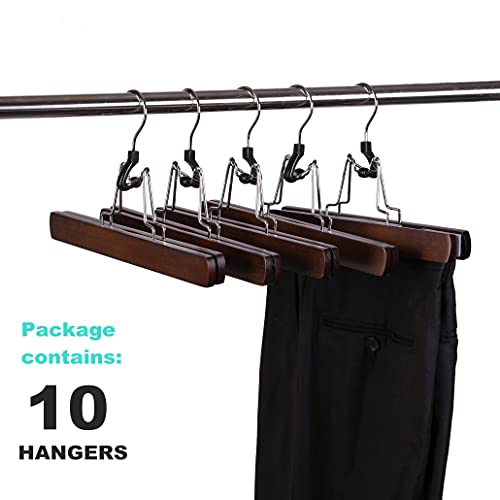 Amber Home Walnut Wooden Pants Hangers 10 Pack, Wood Clamp Hangers with Non Slip Padded Velvet, Jeans/Slacks Hangers Hair Extension Hangers for Skirts, Trousers, Wigs (Walnut, 10)