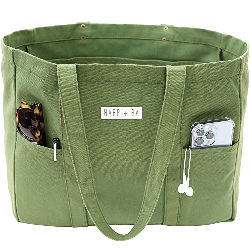 Harp and Ra Forest Green Tote Bag - Utility Tote with 2 Front Pockets and Laptop Sleeve, Teacher Bag in 16 Oz. Organic Cotton, Jumbo Book Bag for Nurses, School, Work, Diapers, Tote Bag