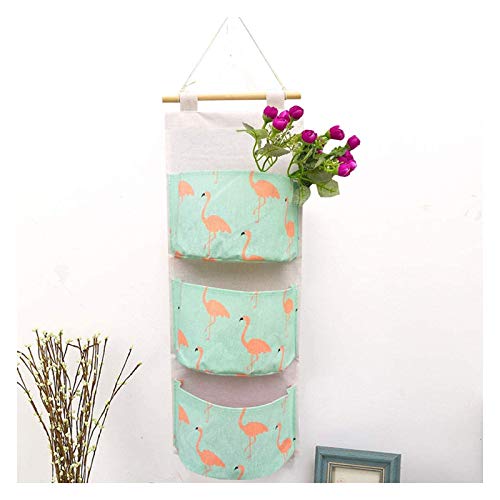 WishLotus Wall Hanging Storage Bag, Linen Storage Organiser, Over Door Storage 3 Pockets Storage Bag with Waterproof PE Coated Interior and Wooden Stick&Cotton Rope for Door, Wall, Closet (Green)