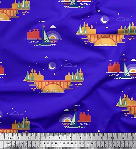 Soimoi Blue Cotton Canvas Fabric Bridge & Yacht Nautical Print Fabric by The Yard 56 Inch Wide