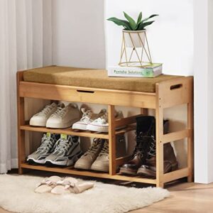 apicizon bamboo shoe storage bench, entryway bench with lift top storage box, shoe organizer for entryway with cushion, 2-tier shoe rack organizer for entryway, bedroom, hallway, nature