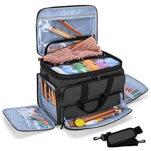 yarwo knitting yarn bag, portable crochet storage tote with double top cover and yarn holes for knitting needles(up to 14”), unfinished projects and skeins of yarn, black
