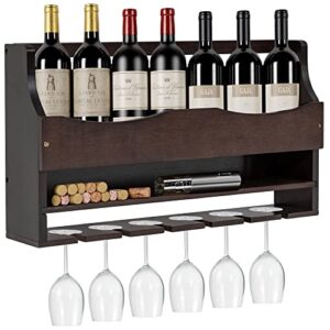 wall mounted wine rack bamboo, dhmaker wine bottles holder with hanging stemware glasses set and wine cork storage, home kitchen decor, espresso