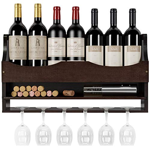 Wall Mounted Wine Rack Bamboo, DHMAKER Wine Bottles Holder with Hanging Stemware Glasses Set and Wine Cork Storage, Home Kitchen Decor, Espresso