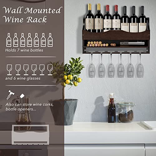 Wall Mounted Wine Rack Bamboo, DHMAKER Wine Bottles Holder with Hanging Stemware Glasses Set and Wine Cork Storage, Home Kitchen Decor, Espresso