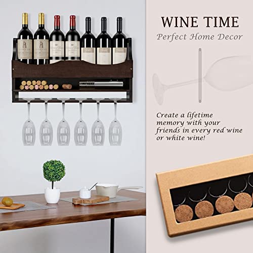 Wall Mounted Wine Rack Bamboo, DHMAKER Wine Bottles Holder with Hanging Stemware Glasses Set and Wine Cork Storage, Home Kitchen Decor, Espresso