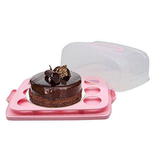 ZOAJU Pink Cake and Cupcake Carrier with Collapsible Handles, Portable Cake Holder Box Holds up to 11"(L) X 7"(W) Cake or Less for Transports Pies, Muffins, Cookies and Other Desserts