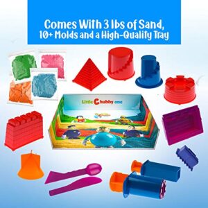 LITTLE CHUBBY ONE Kids Play Sand Castle Set - 3 Lbs Sand - Toy Magic Sand Set - 10 Molds - Mess Free Play for Girls and Boys - Ideas for Children Activities Age 3 4 5 6 7 8 9 10