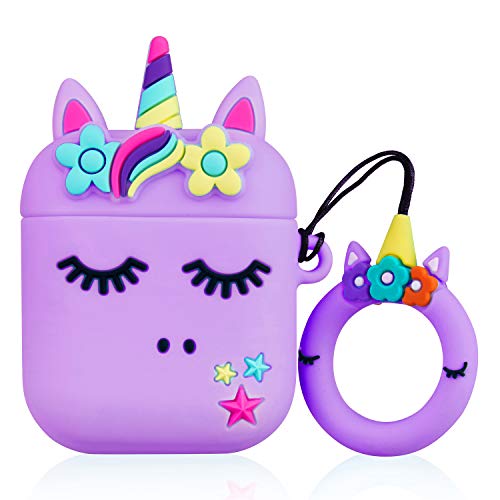 Jowhep Case for AirPod 2/1 Cartoon Design Cute Silicone Cover with Keychain Fashion Funny Shockproof Soft Protective Skin for Air Pods 2&1 Girls Kids Kawaii Shell Cases for AirPods 1/2 Purple Unicorn