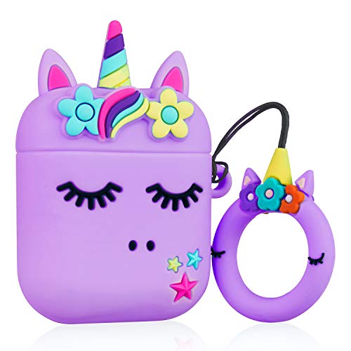 Jowhep Case for AirPod 2/1 Cartoon Design Cute Silicone Cover with Keychain Fashion Funny Shockproof Soft Protective Skin for Air Pods 2&1 Girls Kids Kawaii Shell Cases for AirPods 1/2 Purple Unicorn