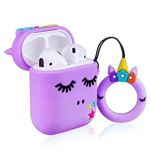 Jowhep Case for AirPod 2/1 Cartoon Design Cute Silicone Cover with Keychain Fashion Funny Shockproof Soft Protective Skin for Air Pods 2&1 Girls Kids Kawaii Shell Cases for AirPods 1/2 Purple Unicorn