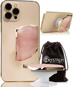 crystalfy rose quartz crystal phone grip & phone stand: authentic natural gemstone swappable top, expandable collapsible holder for smartphones and tablets (rose quartz irregular gold edge)