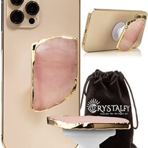 CRYSTALFY Rose Quartz Crystal Phone Grip & Phone Stand: Authentic Natural Gemstone Swappable Top, Expandable Collapsible Holder for Smartphones and Tablets (Rose Quartz Irregular Gold Edge)