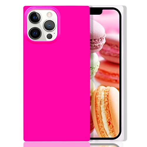 Omorro for Neon Phone Square iPhone 12 Pro Max Case for Women, Bright Fluorescence Luxury Designer Flexible Soft Slim TPU Rubber Gel Bumper Square Edge Protective Hot Pink Girly Square Phone Case