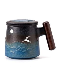tang pin moon deer ceramic tea mug with infuser and lid coffee mug with strainer and wooden handle 14.5 oz (black&blue)