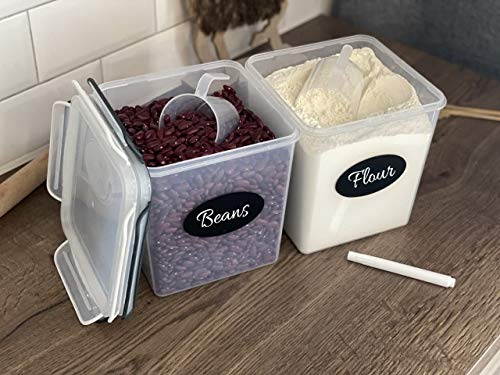 2 Large Airtight Food Storage Containers for Flour, Sugar 142oz - Kitchen Pantry Plastic Containers - Air Tight Canisters Set With Locking Lids - 4 Labels, Marker and 2 Measuring Cups(Black,White)