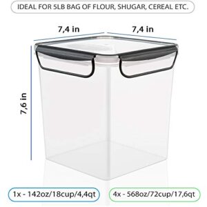 2 Large Airtight Food Storage Containers for Flour, Sugar 142oz - Kitchen Pantry Plastic Containers - Air Tight Canisters Set With Locking Lids - 4 Labels, Marker and 2 Measuring Cups(Black,White)