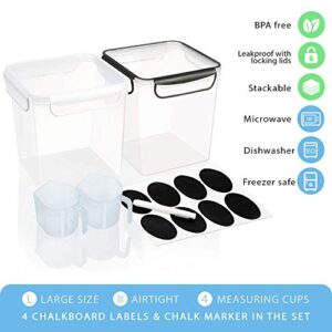 2 Large Airtight Food Storage Containers for Flour, Sugar 142oz - Kitchen Pantry Plastic Containers - Air Tight Canisters Set With Locking Lids - 4 Labels, Marker and 2 Measuring Cups(Black,White)