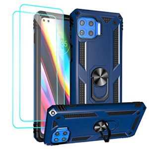 androgate compatible with moto one 5g case, motorola one 5g uw case, with tempered glass screen protectors, military-grade metal ring kickstand 18ft drop tested shockproof cover case, blue