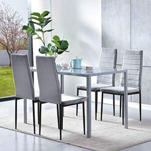 5 piece modern grey dining table and chairs set of 4 for small kitchen, glass tempered rectangular table and 4 grey velvet chairs for small dinette apartment space saving