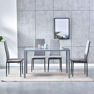 5 Piece Modern Grey Dining Table and Chairs Set of 4 for Small Kitchen, Glass Tempered Rectangular Table and 4 Grey Velvet Chairs for Small Dinette Apartment Space Saving