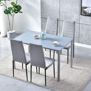 5 Piece Modern Grey Dining Table and Chairs Set of 4 for Small Kitchen, Glass Tempered Rectangular Table and 4 Grey Velvet Chairs for Small Dinette Apartment Space Saving