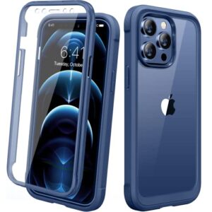 miracase designed for iphone 12 pro max case, full body rugged case with built-in touch sensitive anti-scratch screen protector, soft tpu case compatible with iphone 12 pro max 6.7", dark blue