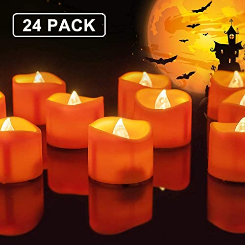 Homemory Halloween 24 Pack Orange Tea Light Candles with 12 Pack Warm White Tealights for Halloween, Pumpkin Lanterns, Outdoors