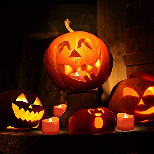 Homemory Halloween 24 Pack Orange Tea Light Candles with 12 Pack Warm White Tealights for Halloween, Pumpkin Lanterns, Outdoors