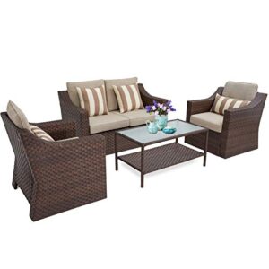 suncrown 4-piece outdoor patio furniture conversation set rattan wicker chairs and glass top table all-weather and thick cushions - brown