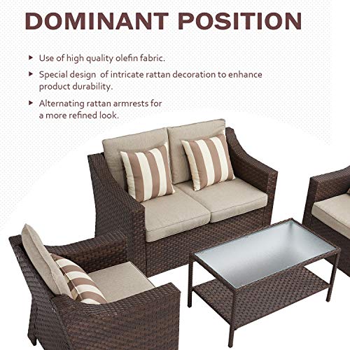 SUNCROWN 4-Piece Outdoor Patio Furniture Conversation Set Rattan Wicker Chairs and Glass Top Table All-Weather and Thick Cushions - Brown