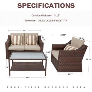 SUNCROWN 4-Piece Outdoor Patio Furniture Conversation Set Rattan Wicker Chairs and Glass Top Table All-Weather and Thick Cushions - Brown