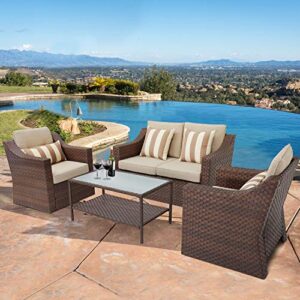 SUNCROWN 4-Piece Outdoor Patio Furniture Conversation Set Rattan Wicker Chairs and Glass Top Table All-Weather and Thick Cushions - Brown