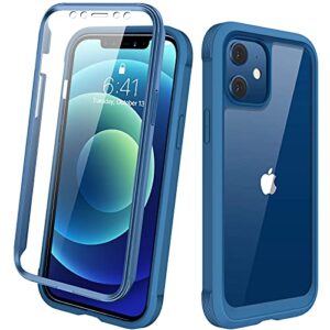 diaclara designed for iphone 12/12 pro case, full body rugged case with built-in touch sensitive anti-scratch screen protector, soft tpu bumper case for iphone 12/12 pro 6.1" (blue and clear)