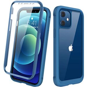 diaclara designed for iphone 12 mini case, full body rugged case with built-in touch sensitive anti-scratch screen protector, soft tpu bumper case for iphone 12 mini 5.4" (blue and clear)