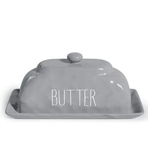 barnyard designs ceramic butter dish with lid for countertop, large butter holder, butter crock for counter, covered butter dish for refrigerator, farmhouse dishes kitchen decor, grey, 8" x 4"