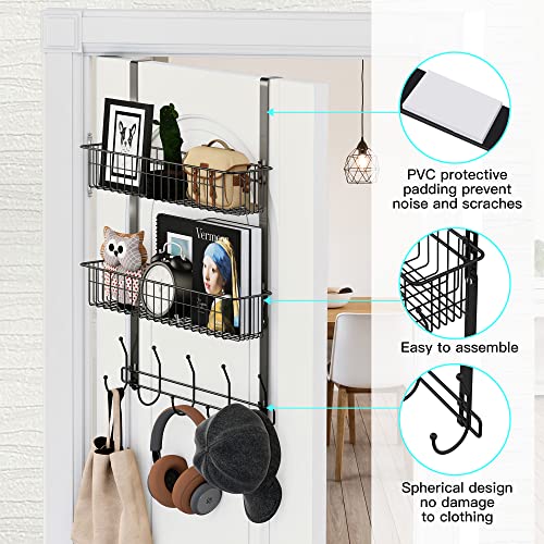 LUCYCAZ Over The Door Hooks Organizer, Door Hanger Towel Rack with 10 Coat Hooks & 2 Mesh Basket Over The Door Shelf, Back of Door Storage Organizer for Barthroom Kitchen Hanging Towel Clothes (Black)