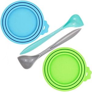 woheni can lids, pet food can cover, universal silicone cat dog food can lids 1 fit 3 standard size can tops, fits most standard size dog and cat can tops (green+blue+spoons)