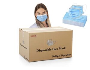 [pack of 2000] fuye blue disposable face masks | protective 3-ply breathable comfortable nose/mouth coverings for home & office | elastic ear loop 3-layer safety shield for adults/kids.