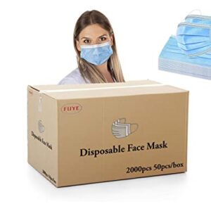 [Pack of 2000] Fuye Blue Disposable Face Masks | Protective 3-Ply Breathable Comfortable Nose/Mouth Coverings for Home & Office | Elastic Ear Loop 3-Layer Safety Shield for Adults/Kids.