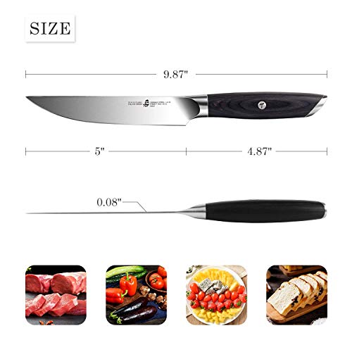 TUO Kitchen Steak Knife - 5 inch Straight Single Steak Knife - German HC Steel Dinner Table Knife - Full Tang Pakkwood Handle - Falcon Series with Gift Box