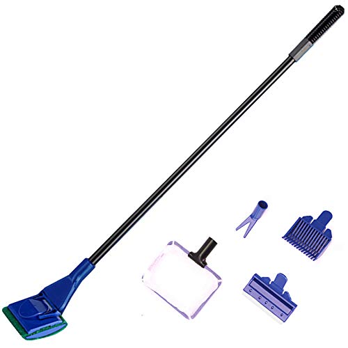 JZMYXA Aquarium Cleaning Tools Kit 5 in 1 Function for Long Deep Fish Tank, Including Algae Scrape, Cleaning Sponge, 3.9" Small Fishnet, Gravel Rake, Plant Fork