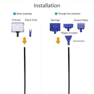 JZMYXA Aquarium Cleaning Tools Kit 5 in 1 Function for Long Deep Fish Tank, Including Algae Scrape, Cleaning Sponge, 3.9" Small Fishnet, Gravel Rake, Plant Fork